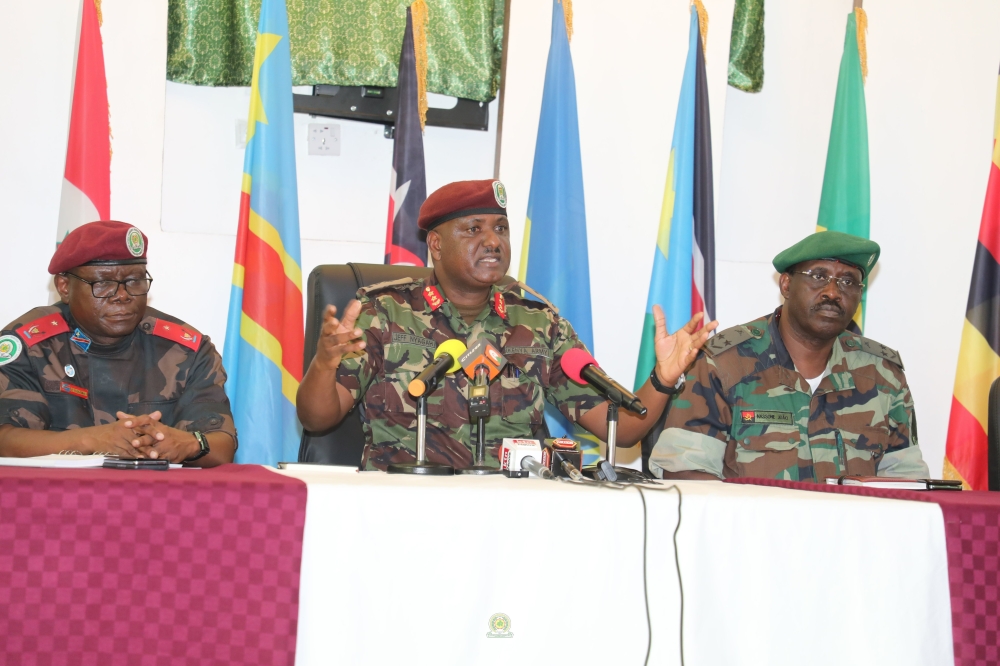 Maj Gen Jeff Nyagah speaking at a press conference in Goma, the capital of North Kivu province, on April 18, 2023. He told reporters that the ceasefire enabled by the troops he commanded had significantly enhanced the withdrawal of M23 rebels from areas they occupied. EACRF has recorded a month-long ceasefire between parties to the conflict in eastern DR Congo following the directive of the EAC Heads of State. 