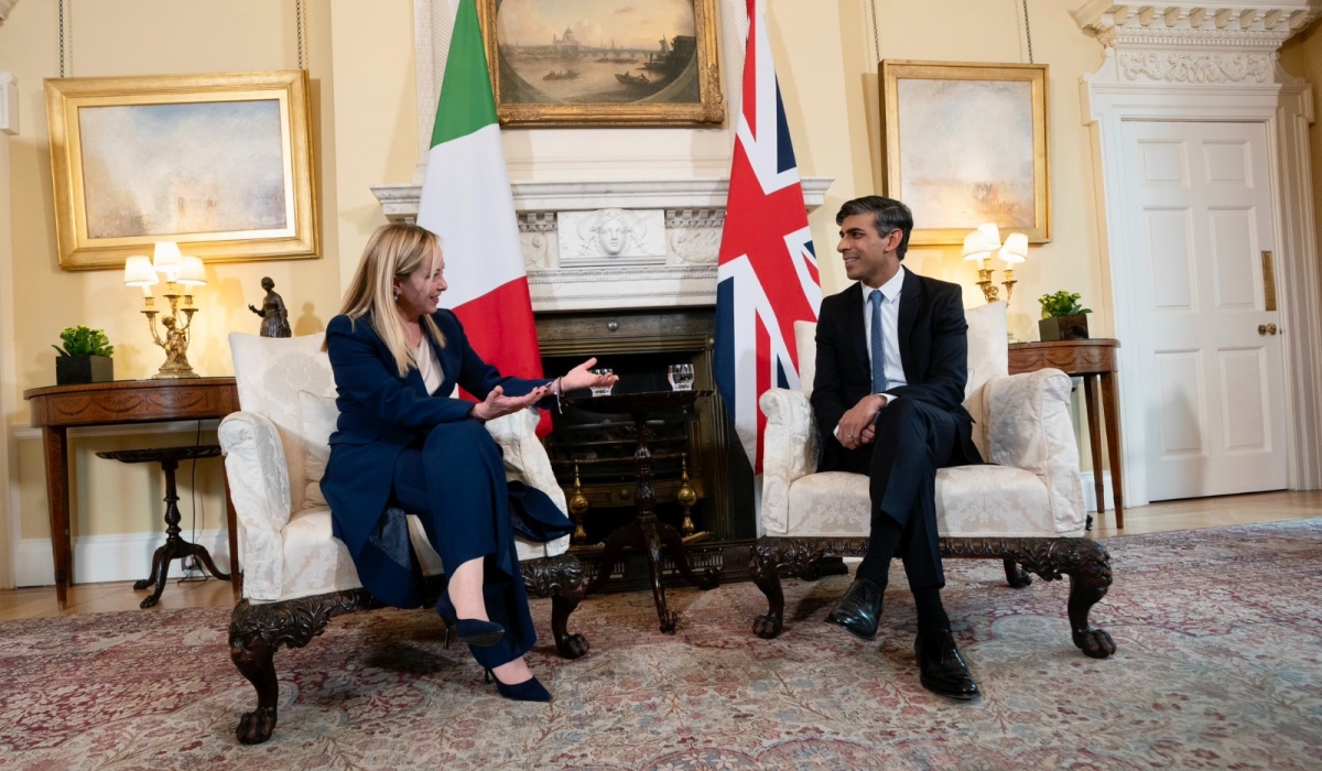 British Prime Minister Rishi Sunak and Italian Prime Minister Giorgia Meloni at Downing Street in London, Britain, on April 27, 2023. Meloni said Britain&#039;s plan to send migrants to Rwanda was a deal between two free nations which are safeguarding the safety of the people.