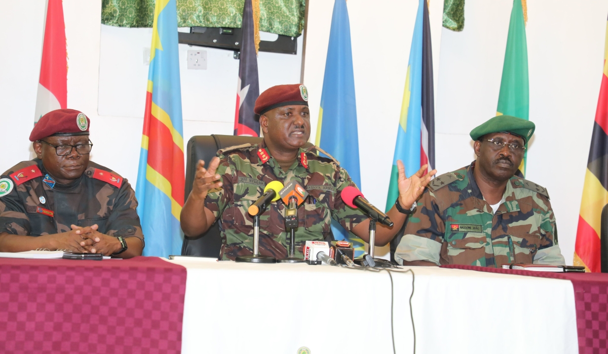 Maj Gen Jeff Nyagah speaking at a press conference in Goma, the capital of North Kivu province, on April 18, 2023. He told reporters that the ceasefire enabled by the troops he commanded had significantly enhanced the withdrawal of M23 rebels from areas they occupied. EACRF has recorded a month-long ceasefire between parties to the conflict in eastern DR Congo following the directive of the EAC Heads of State. 