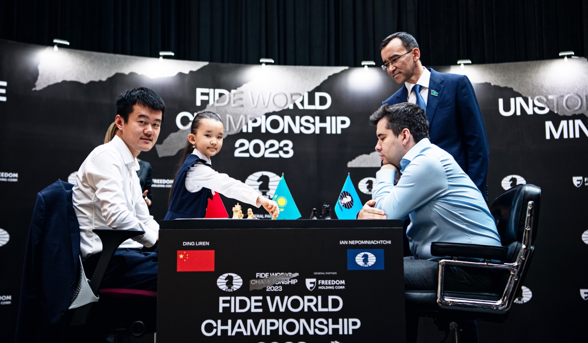 Alanna Berikkyzy, winner of the FIDE World School Chess Championship in the Girls under nine category, made the ceremonial first move for Ding Liren on Saturday, April 29, 2023.