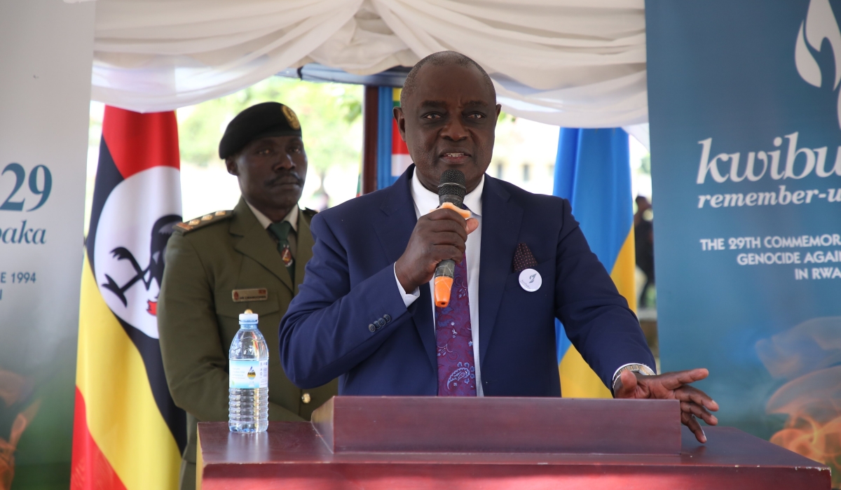 Uganda&#039;s Defence Minister Vincent Bamulangaki Sempijja speaks at the event of the 29th Commemoration of the 1994 Genocide against the Tutsi held yesterday at Lambu Genocide site in Masaka district.