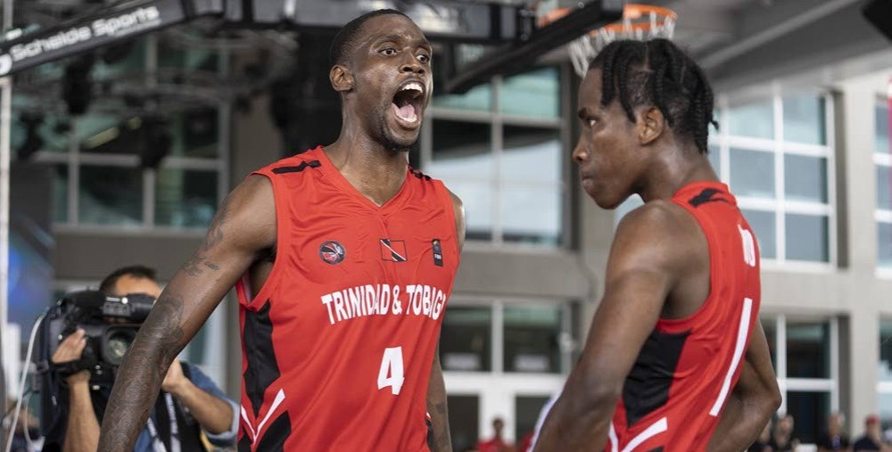 TT&#039;s Moriba DeFreitas (4) and Ahkeel Boyd (1) engage the crowd after Boyd made a basket and drew a foul on route to TT&#039;s victory over the Dominican Republic in their quarter-final clash at the FIBA 3x3 AmeriCup last year.