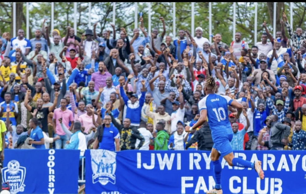 Willy Onana wheels away in celebration as his brace helped Rayon Sports beat Police FC 3-2 victory  at Kigali  Pele Stadium on Wednesday, May 3. The Blues will face Mukura in the Peace Cup semifinals-courtesy