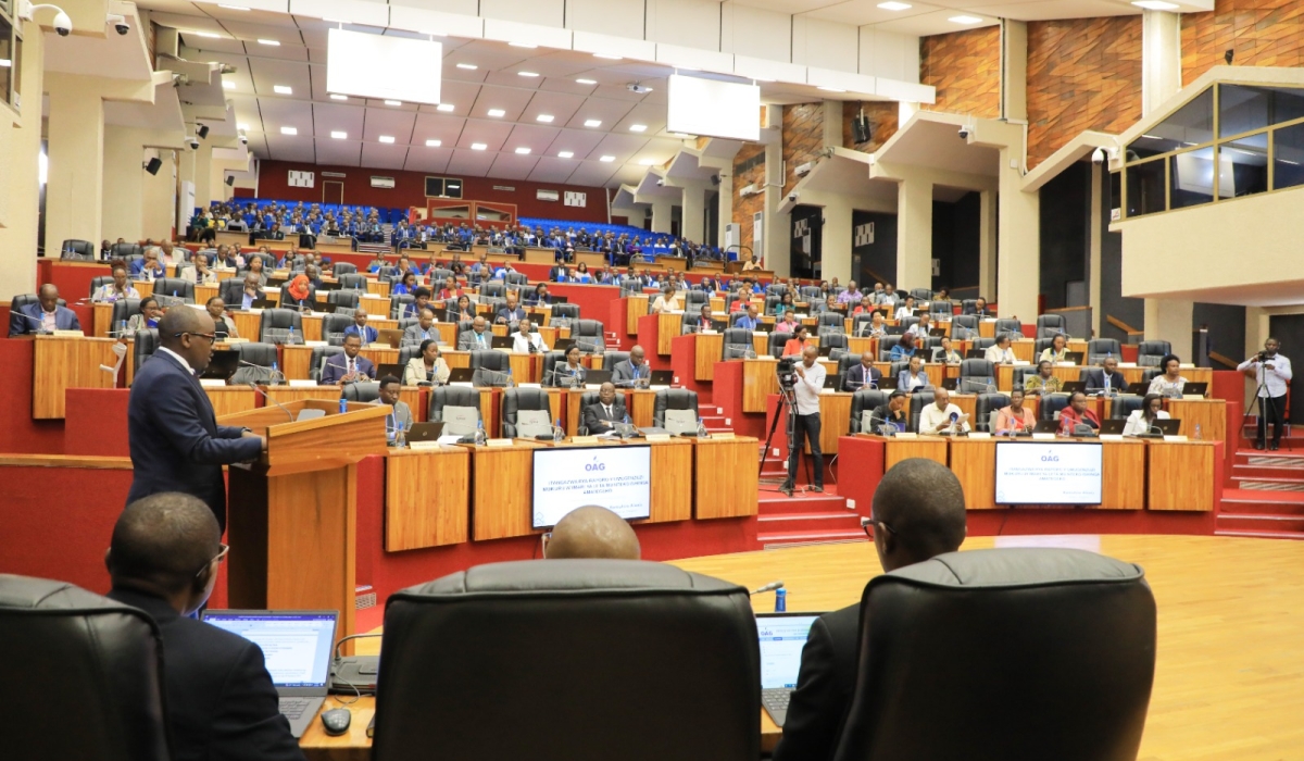 The Auditor General of State Finances, Alexis Kamuhire, presents to parliament the annual audit report for the year ended 30th June 2022. The report was tabled before both chambers of parliament on May 2. Courtesy