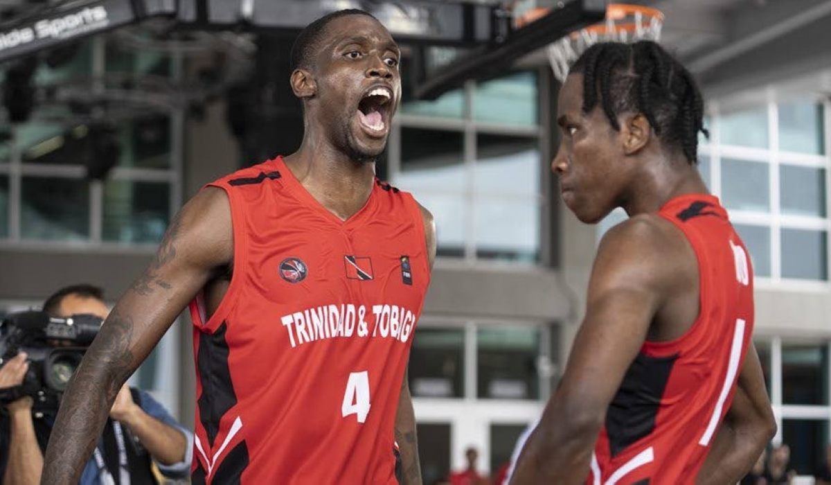 TT&#039;s Moriba DeFreitas (4) and Ahkeel Boyd (1) engage the crowd after Boyd made a basket and drew a foul on route to TT&#039;s victory over the Dominican Republic in their quarter-final clash at the FIBA 3x3 AmeriCup last year.
