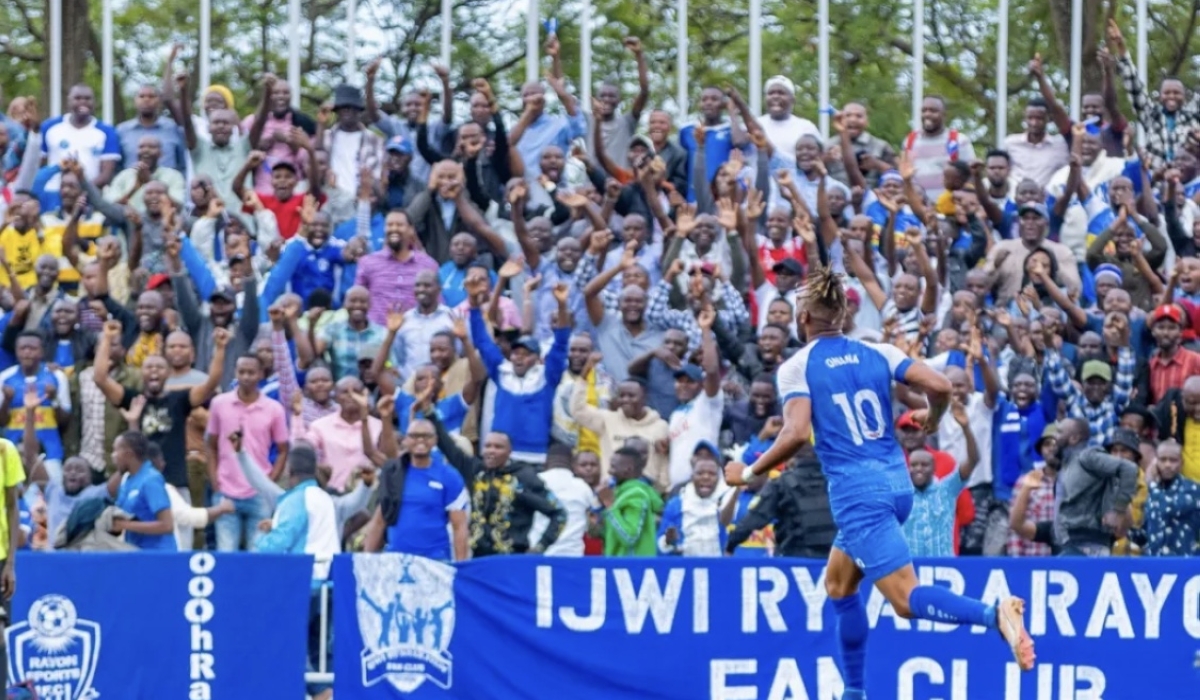 Willy Onana wheels away in celebration as his brace helped Rayon Sports beat Police FC 3-2 victory  at Kigali  Pele Stadium on Wednesday, May 3. The Blues will face Mukura in the Peace Cup semifinals-courtesy