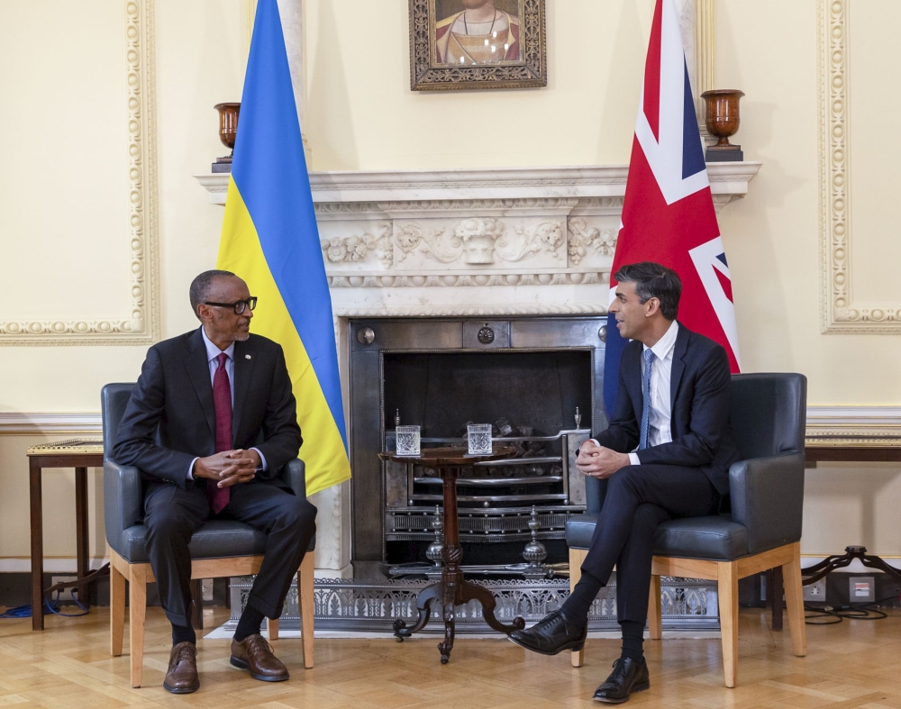 President Kagame meets with British Prime Minister Rishi Sunak at 10 Downing Street for a meeting during which they discussed various topics, including the ongoing migration and economic development partnership, global events as well as further opportunities for bilateral collaboration to increase trade and investment. Photo by Village Urugwiro