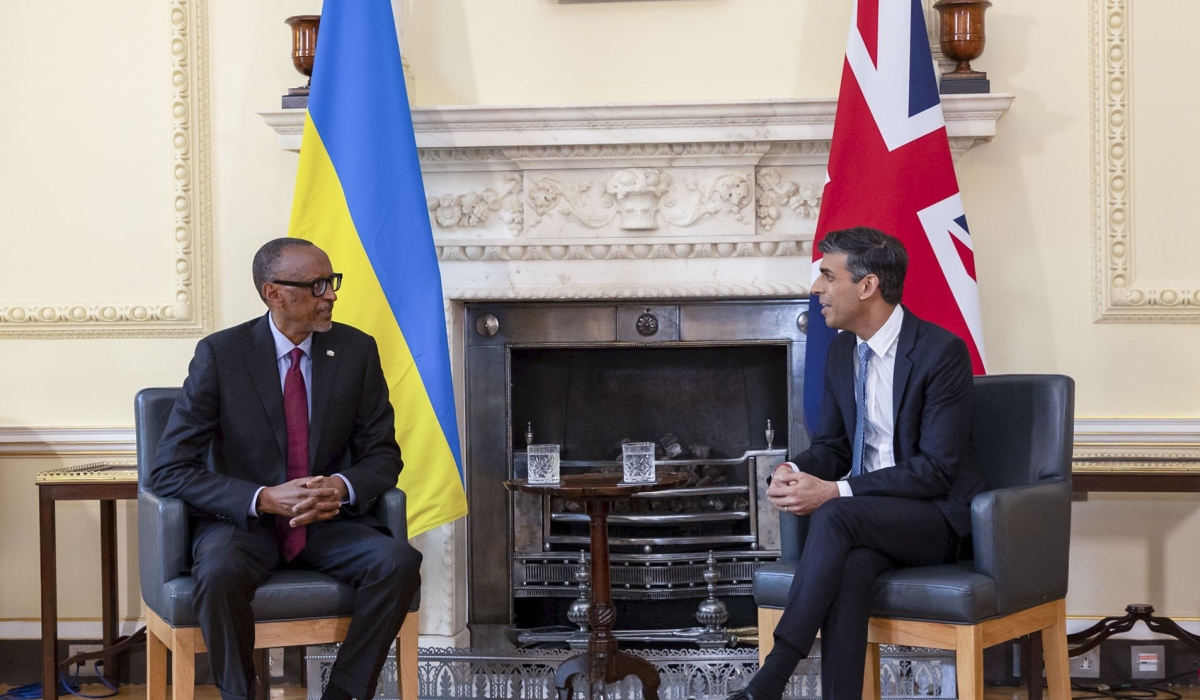 President Kagame meets with British Prime Minister Rishi Sunak at 10 Downing Street for a meeting during which they discussed various topics, including the ongoing migration and economic development partnership, global events as well as further opportunities for bilateral collaboration to increase trade and investment. Photo by Village Urugwiro