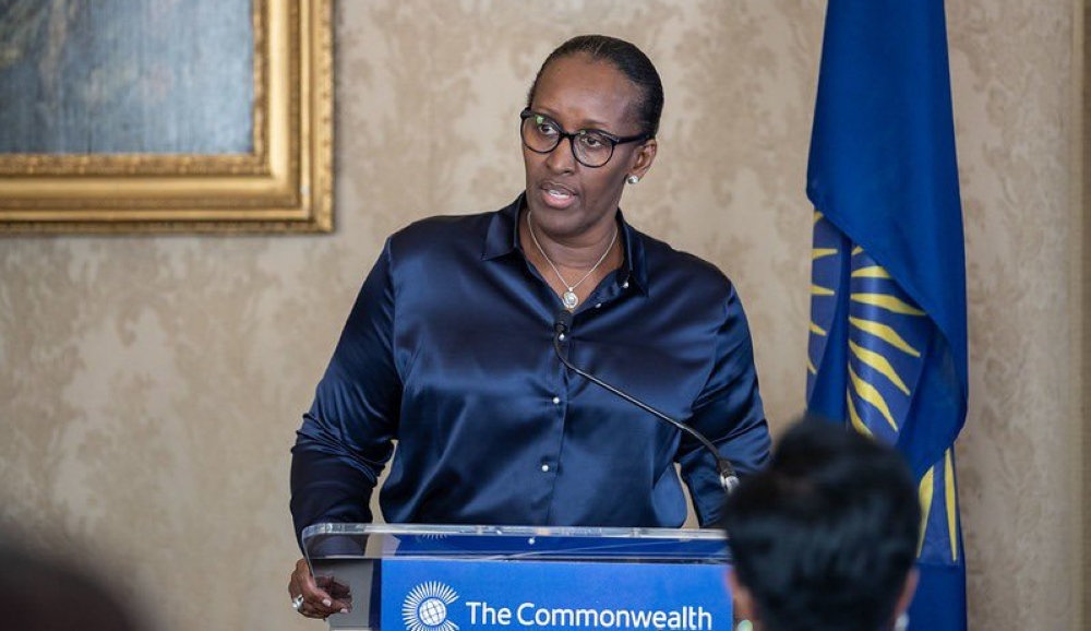 First Lady Jeannette Kagame speaking at the Commonwealth spouses event, in London, UK, on May 5.