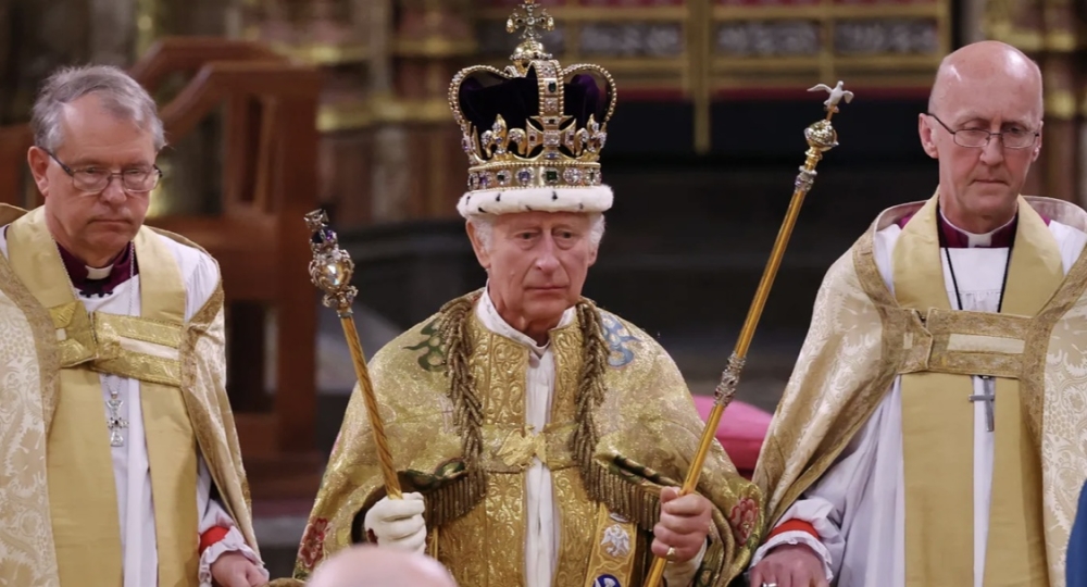 King Charles III shortly after being crowned during his coronation ceremony in Westminster Abbey on Saturday, May 6, 2023.