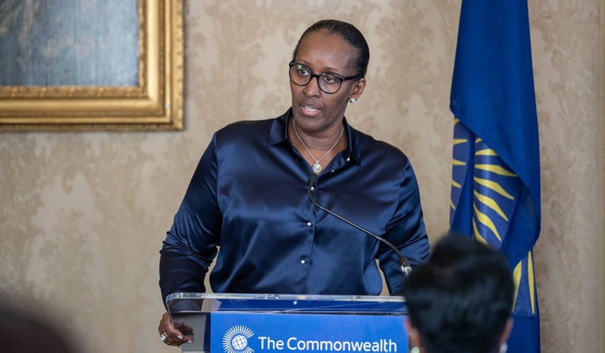 First Lady Jeannette Kagame speaking at the Commonwealth spouses event, in London, UK, on May 5.