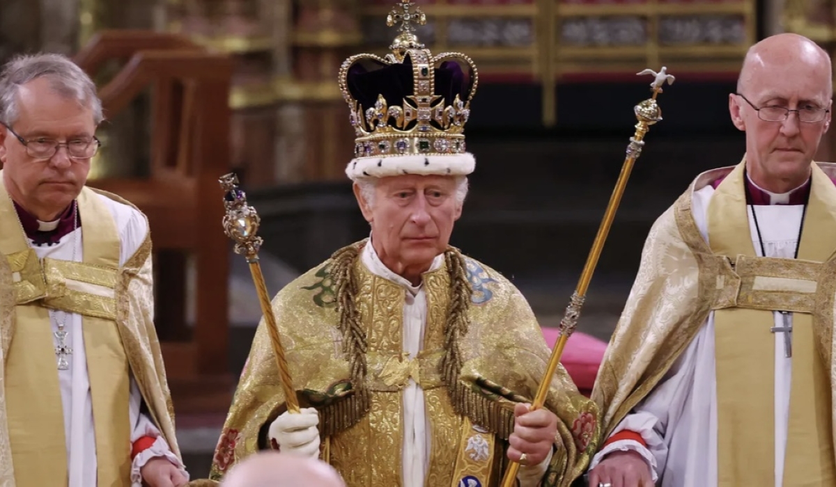 King Charles III shortly after being crowned during his coronation ceremony in Westminster Abbey on Saturday, May 6, 2023.