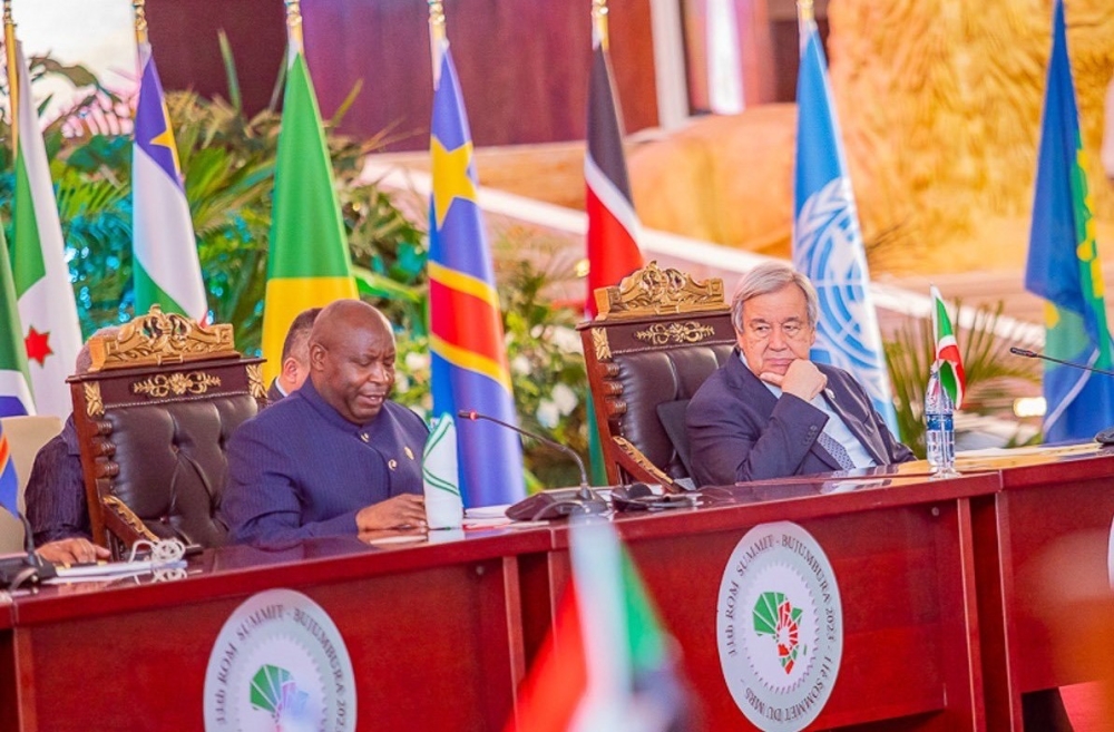 President of Burundi Evariste Ndayishimiye addresses delegates as the United Nations Secretary General António Guterres looks on, during the meeting on Saturday, May 6. Courtesy.
