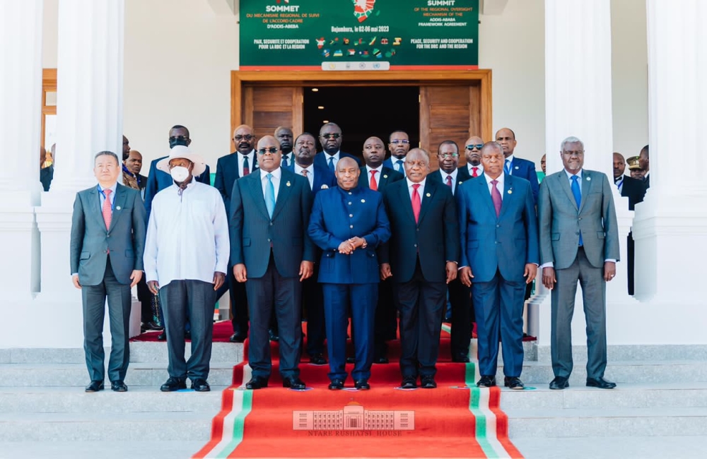 Heads of state and government with other senior delegates pose for a group photo at  the 11th high-level meeting of the Regional Oversight Mechanism of the Peace, Security and Cooperation Framework for the DR Congo. Courtesy