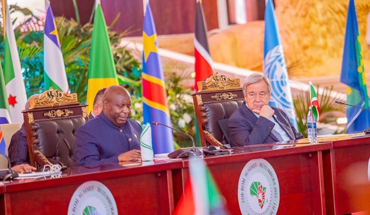 President of Burundi Evariste Ndayishimiye addresses delegates as the United Nations Secretary General António Guterres looks on, during the meeting on Saturday, May 6. Courtesy.