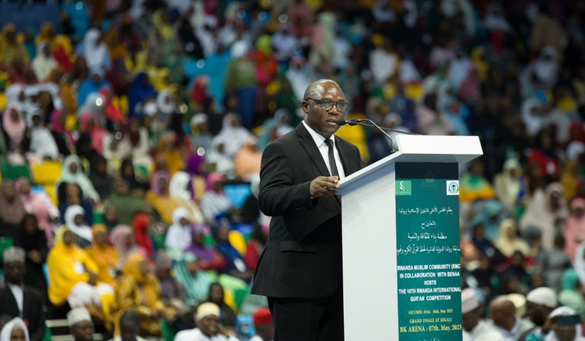 Local Government Minister Jean-Claude Musabyimana delivers remarks at the conclusion of Quran recital competitions organised by the Rwanda Muslim Community  at the BK Arena in Kigali. Courtesy