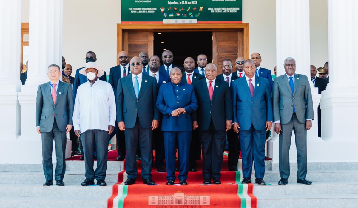 Heads of State and Government pose for a photo at the 11th High-Level Meeting of the Regional Oversight Mechanism of the Peace, Security and Cooperation Framework for the Democratic Republic of the Congo and the Region.