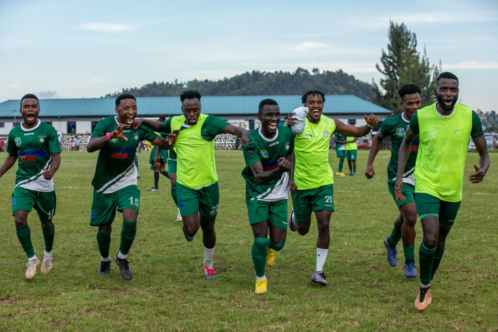 SC Kiyovu players celebrate the 1-0 victory over  Musanze FC at Ubworoherane Stadium on Sunday, May 7. Photo by Olivier Mugwiza