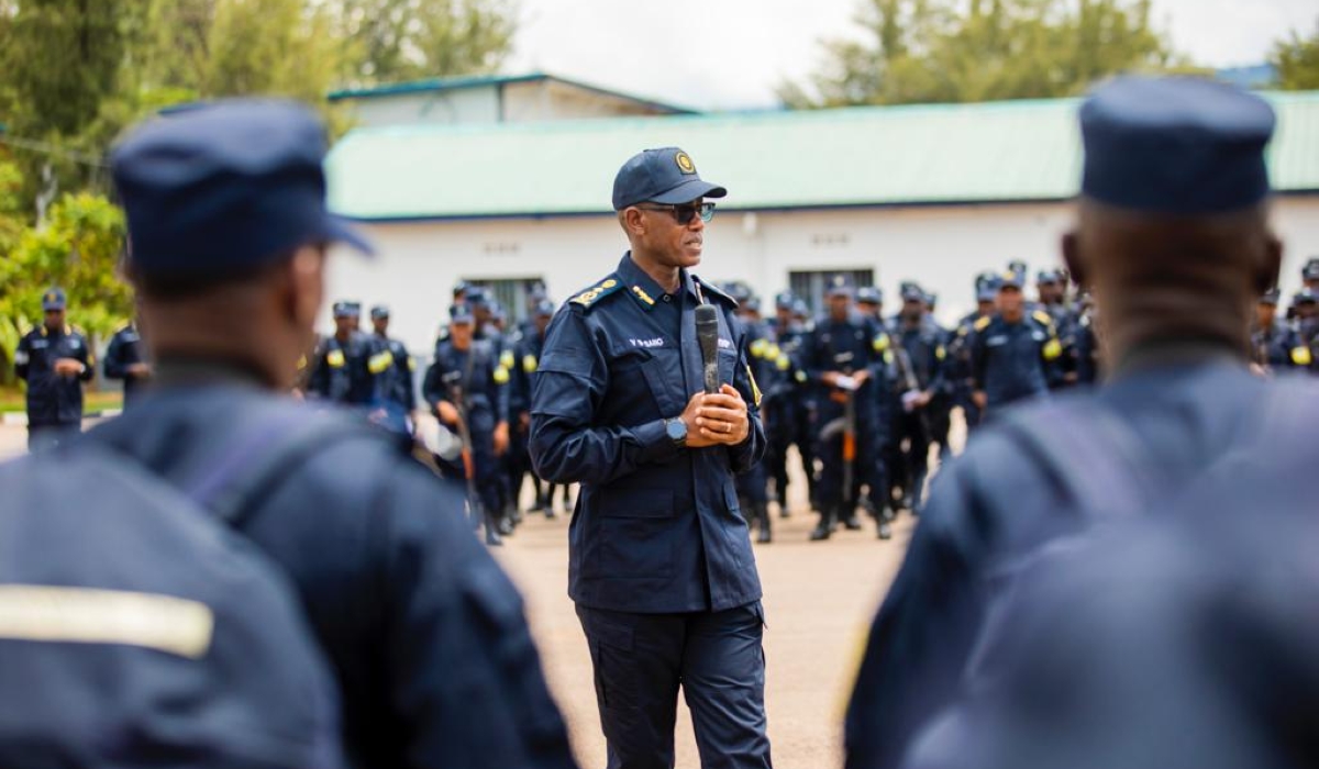 Vincent Sano, the Deputy Inspector General of Police in charge of Operations addresses Police officers before they departed for Central African Republic (MINUSCA), and South Sudan (UNMISS). Courtesy