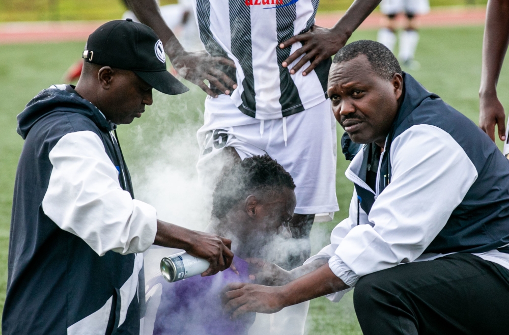 APR goalkeeper Pierre Ishimwe got  injury during a 1-1 draw in Peace Cup semifinal  first leg match against Kiyovu at Bugesera Stadium on Wednesday. Photos Olivier Mugwiza