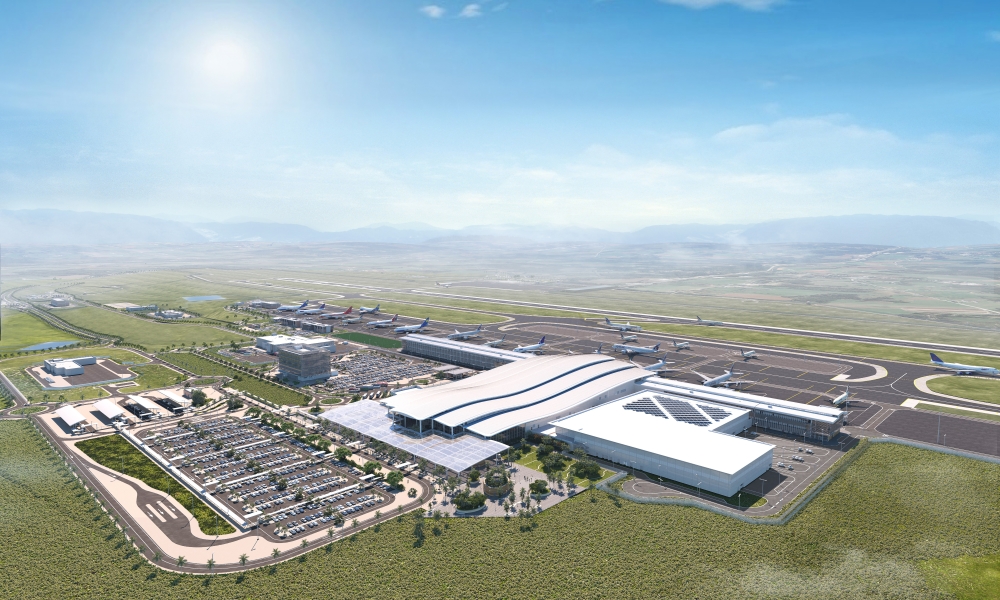 An artistic impression of the airport’s terminal building, terminal parking, runway, and aircraft parking. Aviation Travel and Logistics (ATL).