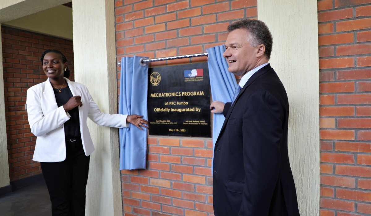 State Minister Claudette Irere and  French Ambassador to Rwanda, Antoine Anfré inaugurate Mechatronics at the Integrated Polytechnic Regional Centre (IPRC Tumba) located in Rulindo District. Courtesy