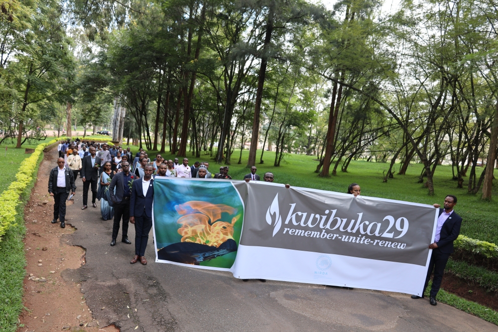 NIRDA staff and its partners during a walk to remember former employees of the now defunct Institut de Recherche Scientifique et Technologique (IRST) killed during the 1994 Genocide against the Tutsi in Rwanda, in Huye on Friday, May 12, Courtesy