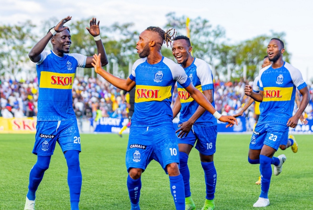 Rayon Sports players celebrate a goal that enabled the Blues to eliminate Mukura Victory Sports from the semifinals on a 4-3 aggregate victory on Saturday May 13. Courtesy