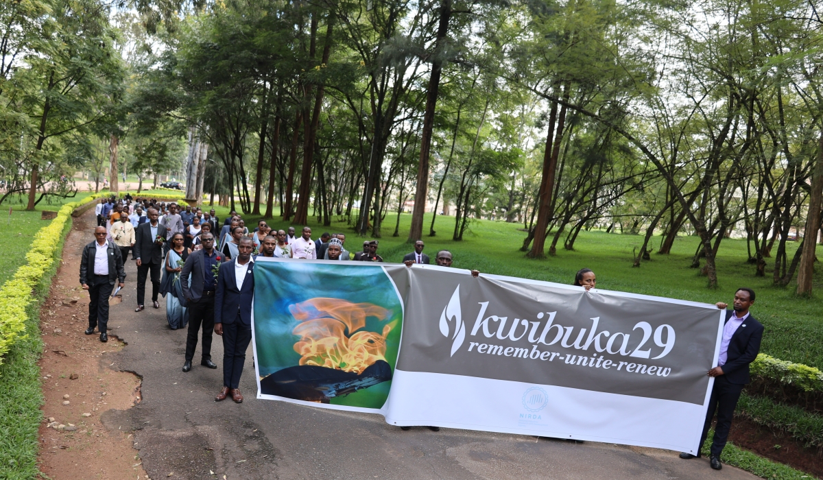 NIRDA staff and its partners during a walk to remember former employees of the now defunct Institut de Recherche Scientifique et Technologique (IRST) killed during the 1994 Genocide against the Tutsi in Rwanda, in Huye on Friday, May 12, Courtesy