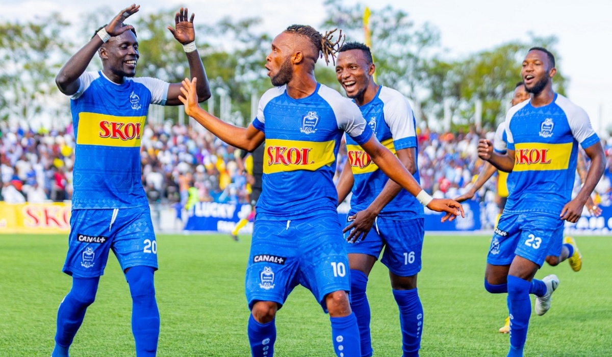 Rayon Sports players celebrate a goal that enabled the Blues to eliminate Mukura Victory Sports from the semifinals on a 4-3 aggregate victory on Saturday May 13. Courtesy