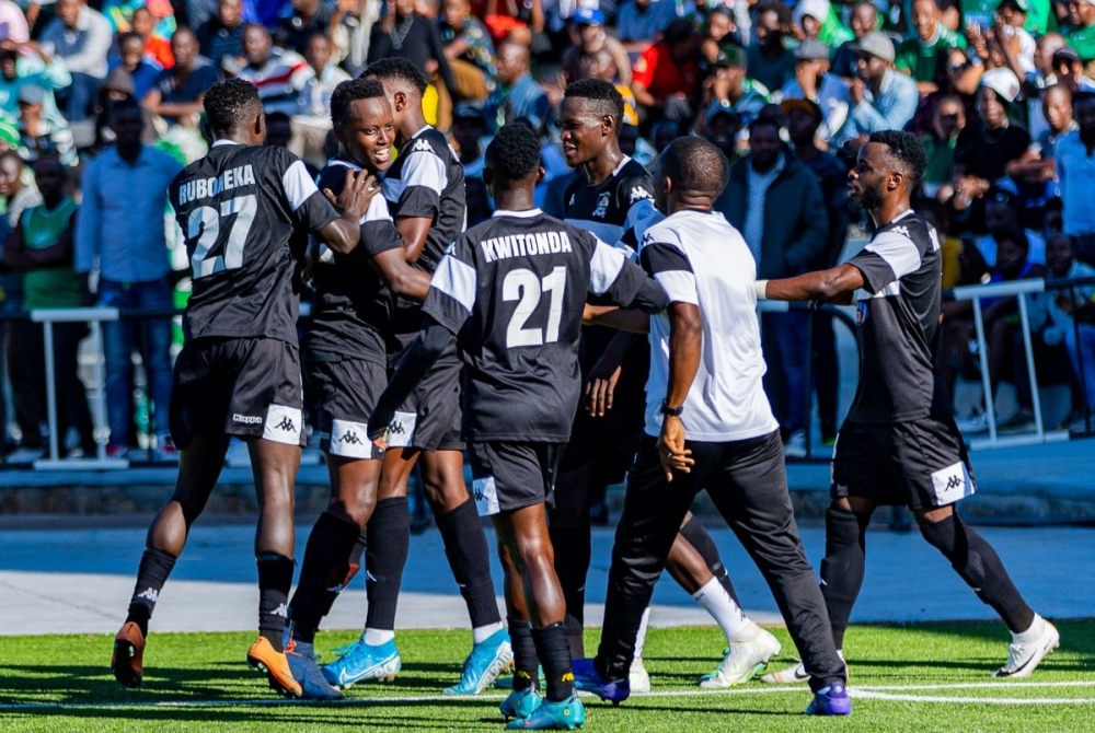 APR FC players celebrate Christian Ishimwe&#039;s goal as Army side came from a goal down to beat Kiyovu Sports 2-1   at the Kigali Pele Stadium on Sunday, May 14. Courtesy