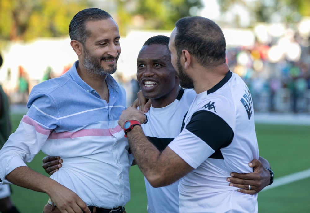 APR FC coaching team share a light moment as Army side came from a goal down to beat Kiyovu Sports 2-1   at the Kigali Pele Stadium on Sunday, May 14 .Photos by Olivier Mugwiza