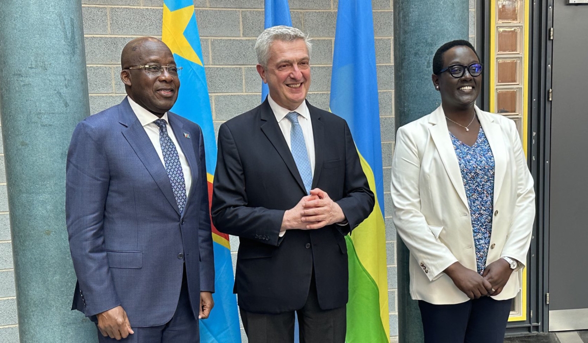 (L-R) DR Congo’s Deputy Prime Minister and Foreign Minister Christophe Lutundula and United Nations High Commissioner for Refugees, Filippo Grandi and Rwanda&#039;s Minister in charge of Emergency Management, Marie Solange Kayisire pose for a photo after the meeting in Geneva on Monday, May 15.Courtesy