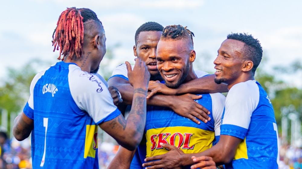 Rayon Sports striker Léandre Willy Esombe Onana celebrates his goal with the teammates as his side eliminate Mukura VS during the Peace Cup at Kigali Pele Stadium. Photos by Olivier Mugwiza