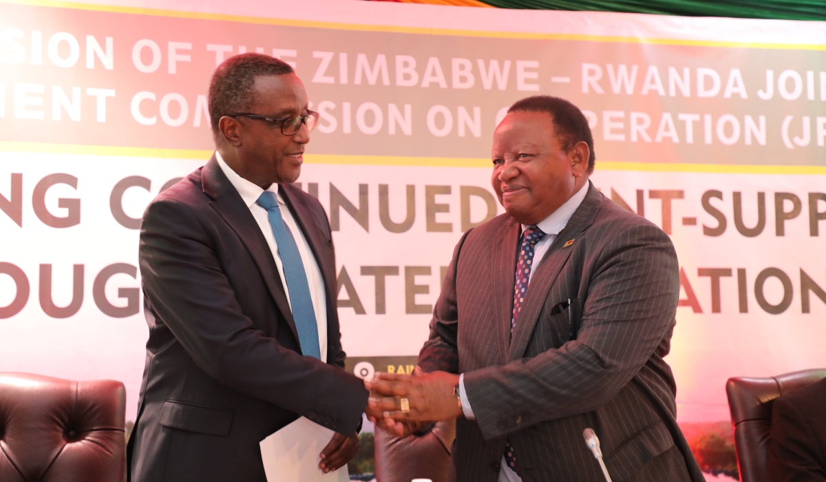 Minister of Foreign Affairs, Dr Vincent Biruta and  Minister of Foreign Affairs and International Trade, Frederick M. Shava during the second  Session of the Zimbabwe-Rwanda  Joint Permanent Commission on Cooperation in Harare.