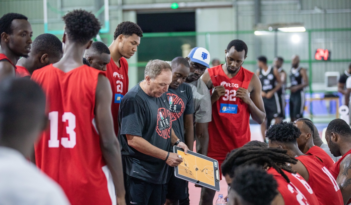 Rwanda Energy Group (REG) basketball club head coach Dean Murray gives instructions to his players during a friendly game against APR BBC ahead of BAL. Dan Gatsinzi 
