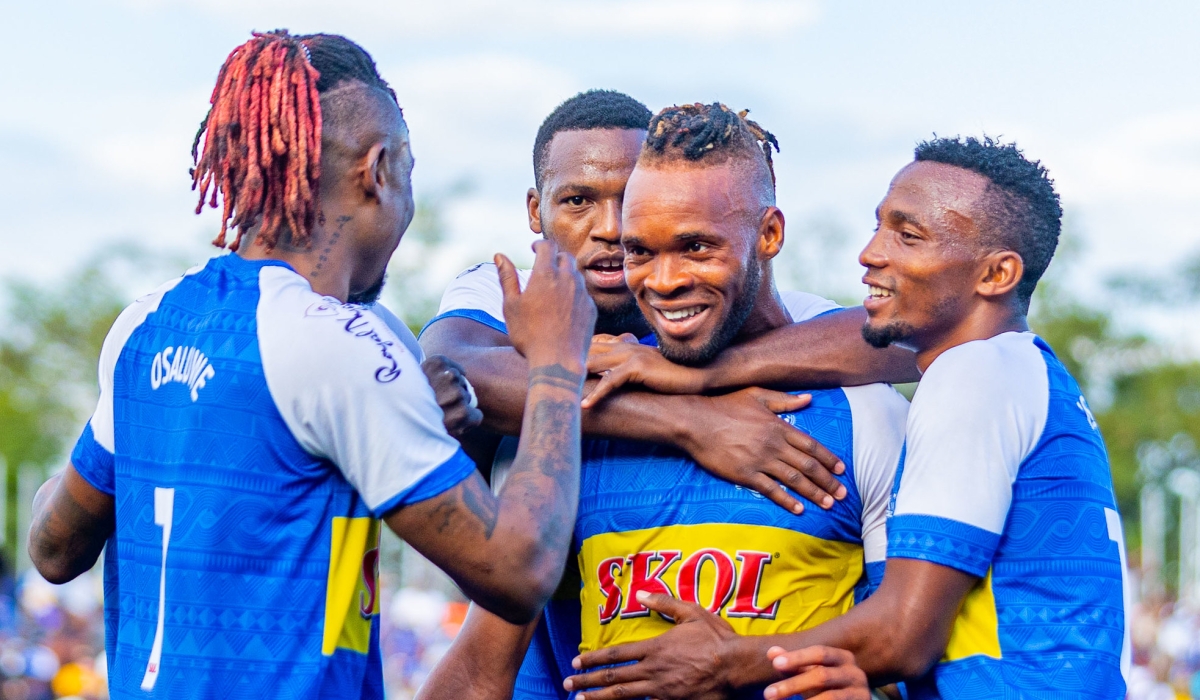 Rayon Sports striker Léandre Willy Esombe Onana celebrates his goal with the teammates as his side eliminate Mukura VS during the Peace Cup at Kigali Pele Stadium. Photos by Olivier Mugwiza