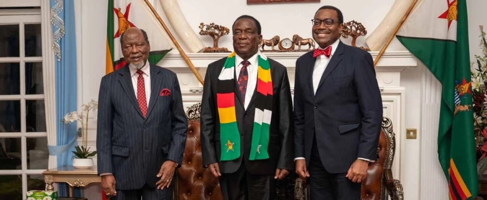 Former president of Mozambique Joaquim Chissano (left), Zimbabwe president Emmerson Mnangagwa, African Development Bank president Akinwumi Adesina