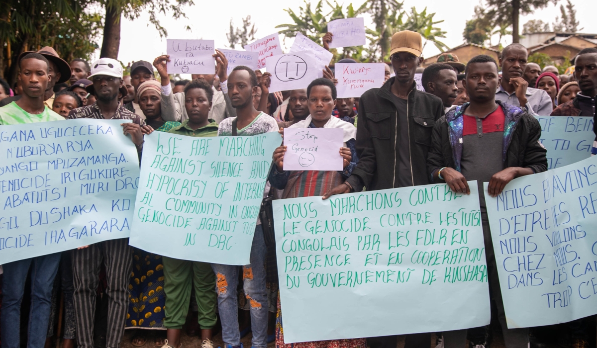 Refugees during a peaceful protest against the ongoing atrocities against Tutsi in DR Congo, at Kigeme refugee camp in Nyamagabe District, on December 12, 2022. Photo by Willy Mucyo