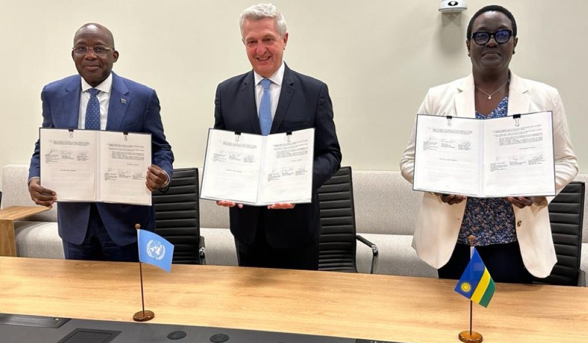 (L-R) DR Congo’s Deputy Prime Minister and Foreign Minister Christophe Lutundula and United Nations High Commissioner for Refugees, Filippo Grandi and Rwanda&#039;s Minister in charge of Emergency Management, Marie Solange Kayisire.