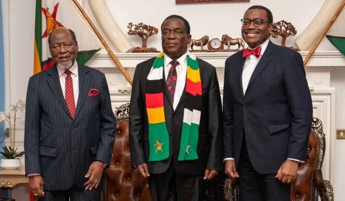 Former president of Mozambique Joaquim Chissano (left), Zimbabwe president Emmerson Mnangagwa, African Development Bank president Akinwumi Adesina