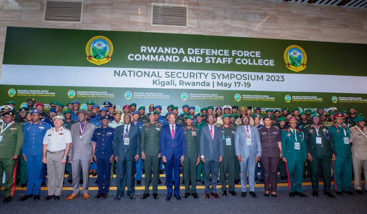 Delegates pose for a group photo at  the opening ceremony of the 10th National Security Symposium which began on Wednesday, May 17, in Kigali.The three-day symposium  brought together defence officials, policymakers, diplomats and academics from across the continent and beyond.Courtesy