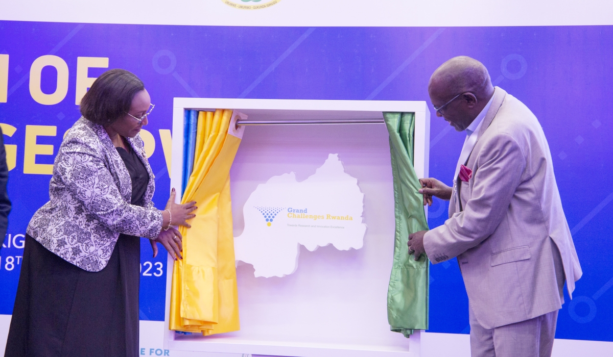 Valentine Uwamariya, the Minister of Education and Thomas Kariuki, the Executive Director of the SFA Foundation launch of Grand Challenges Rwanda in Kigali on May 18. Photos by Emmanuel Dushimirimana