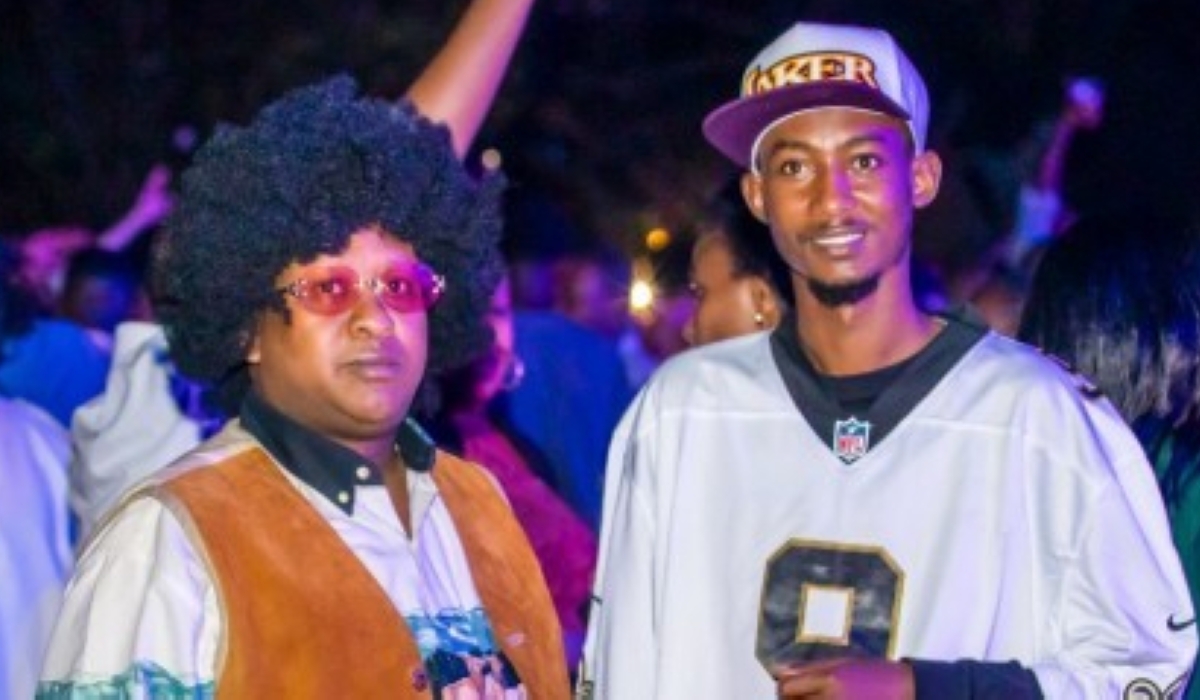 Music manager Alex Muyoboke and comedian Clapton Kibonge donning oldschool style during a past Oldies Music Festival event.