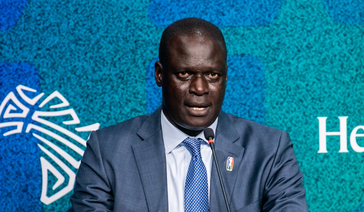 Basketball Africa League President Amadou Gallo Fall addresses journalists on Friday, May 19. Amadou announced that tickets to BK Arena have been sold out. Photo Olivier Mugwiza