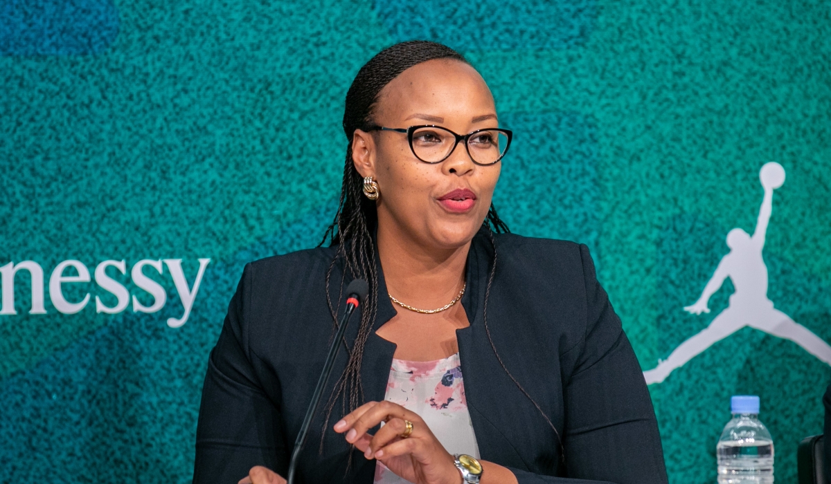 Minister of Sports Aurore Mimosa Munyangaju speaks to journalists on May 19. She said major benefits in hosting  BAL  in Rwanda have been achieved. Photo by Dan GATSINZI