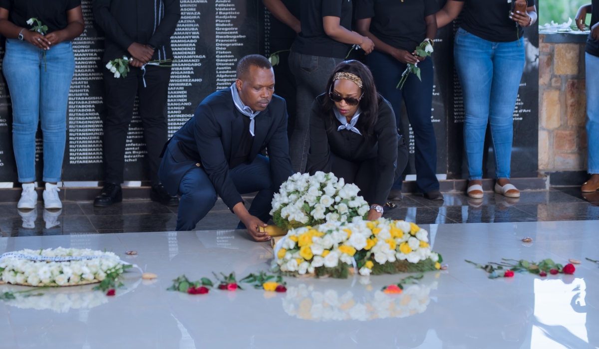 NCBA Rwanda CEO, Lina Higiro, and NCBA Rwanda Head of Operations, Christian Dingida, lay a wreath to pay respects to the victims of the 1994 genocide against the Tutsi at Ntarama Genocide Memorial, May 19, 2023 (courtesy)