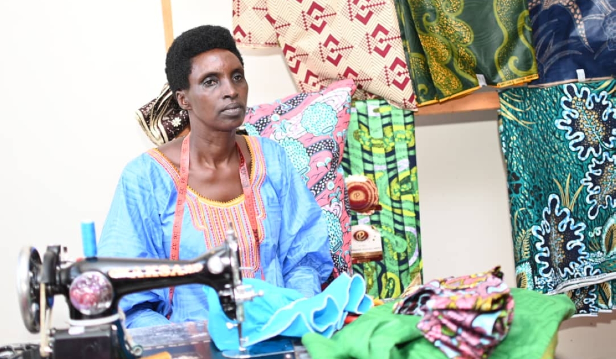 Mathilde Mukayiranga, president of Twitezimbere Abadozi-a tailoring cooperative comprising 46 members of whom 30 are refugees in Mugera cell of Gatsibo sector