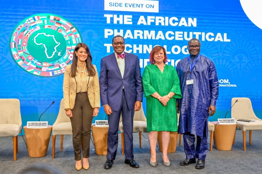 Rania Al-Mashat, Minister for International Cooperation, Egypt, Akunwumi Adesna, AFDB President, Dr. Bärbel Kofler, AFDB Governor and Germany Parliamentary State Secretary, Christian Happi, Director of the African Centre of Excellence for Genomics of Infectious Diseases.