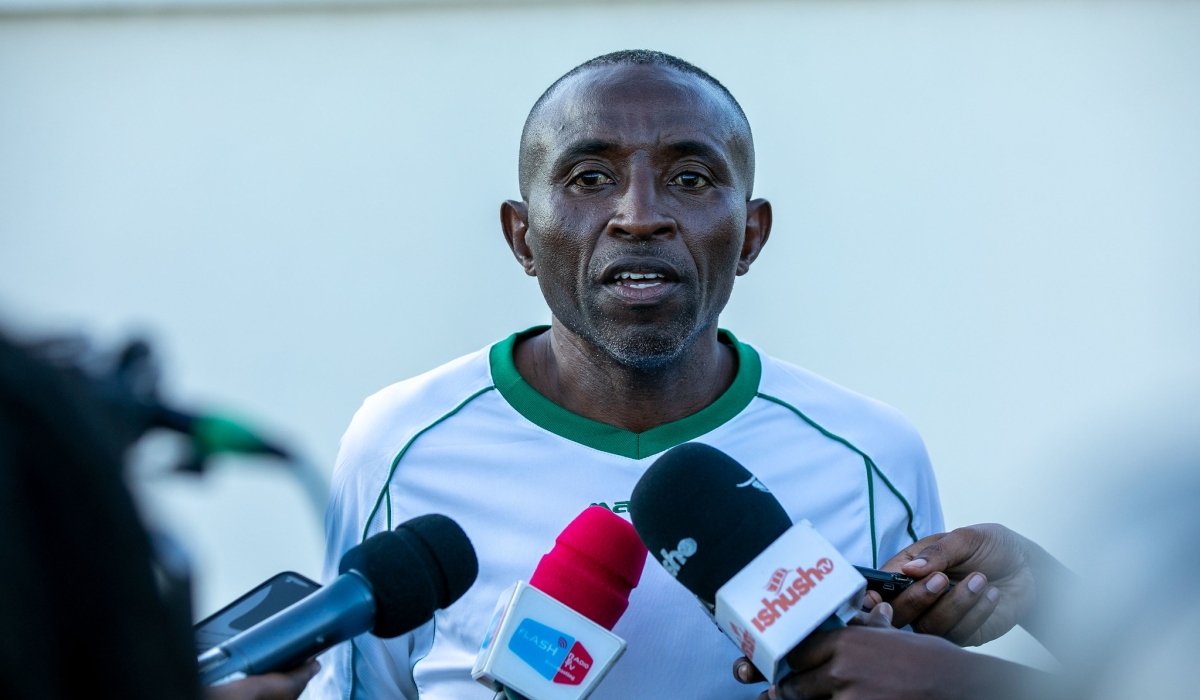 SC Kiyovu assistant coach Jean de Dieu Mateso speaks to journalists. Photo by Olivier Mugwiza